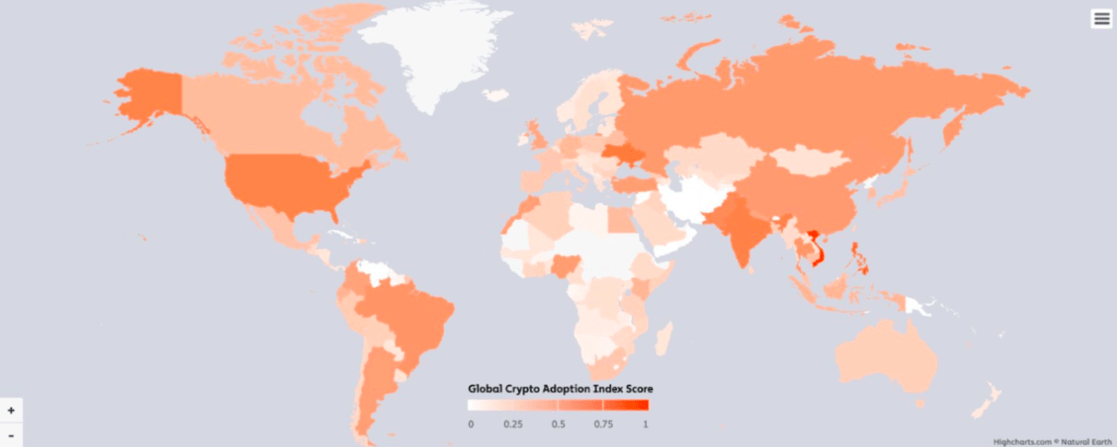 Taux d’adoption des crypto-actifs par pays selon le rapport “Global Crypto Adoption Index” 2022 de Chainalysis